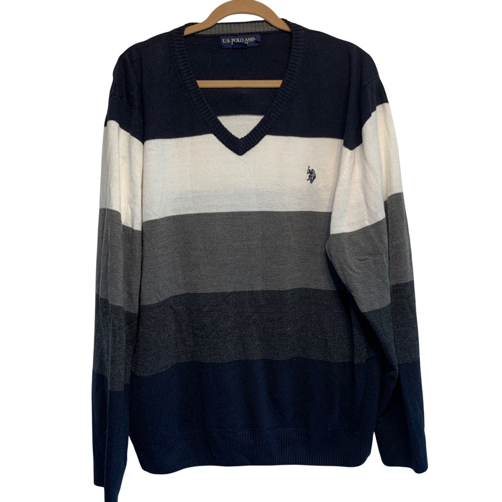 US Polo Assn V-Neck Sweater XXL Navy White Grey Striped Long Sleeve Preppy